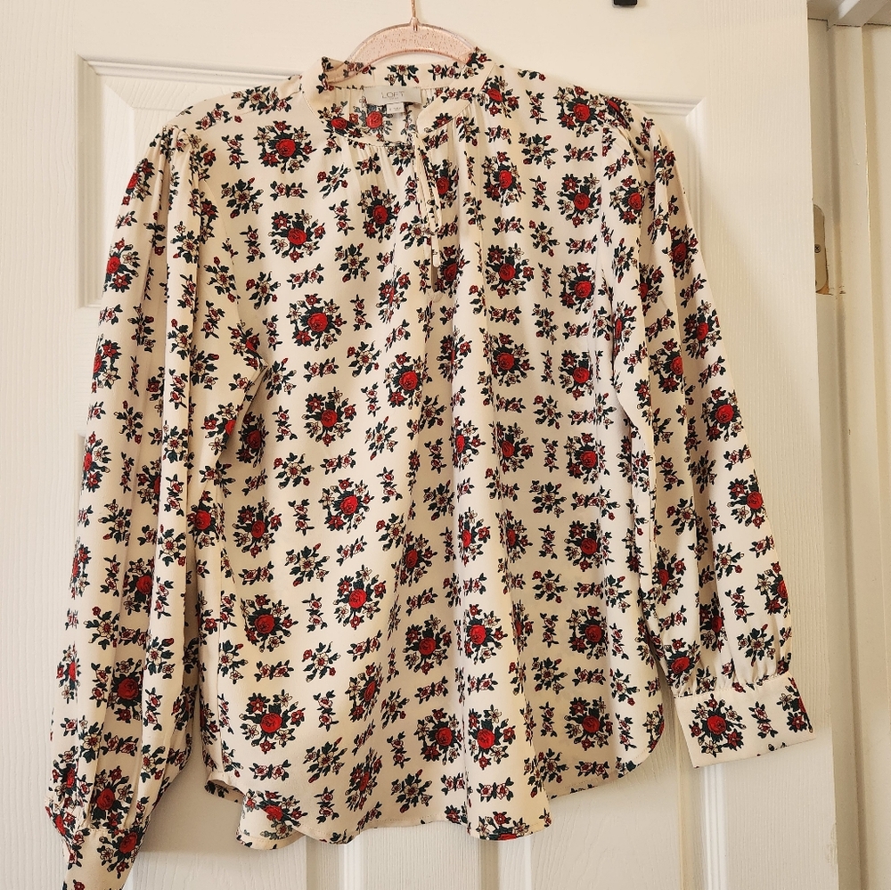 Loft Tie Neck Blouse Puff Sleeves Rose Print